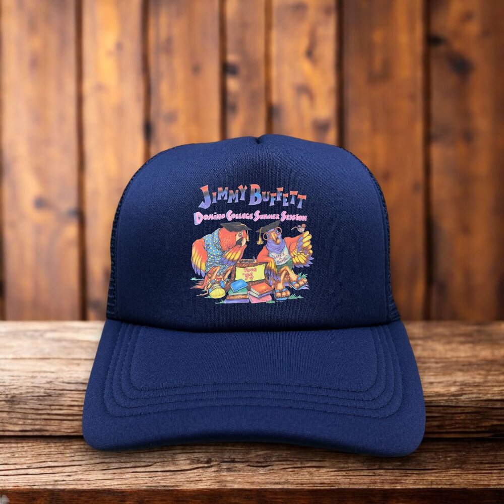 Jimmy Buffett Domino College Mens Trucker Hat Navy 90s Tropical Rock Ball Cap